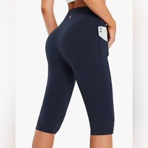 Baleaf Dark Blue Navy Capri Yoga Workout Exercise Leggings with Pockets